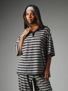 MISSGUIDED Oversized Striped Polo Co-Ord Set Wide Leg Trousers Collared Short Sleeve Two-Piece Summer Casual Outfit - Multicolor - View 5