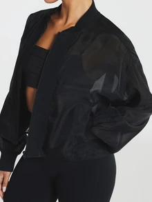 11SKNDS Sheer Organza Oversized Bomber Jacket With Full Zip Closure Ribbed Cuffs And Hem Cropped Silhouette Lightweight Cover Up - Black - View 4
