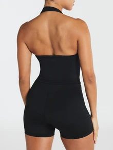 11SKNDS Halter Neck Square Neckline Sleeveless Crop Tank Top With Open Back And Tie Neck Detail With Sweat-Wicking, Stretchy, Breathable, Quick-Dry & Buttery-Soft, For Gym Workout Fitness Yoga Pilates Studio, Running, Training & Hy-Rox - Black - View 2