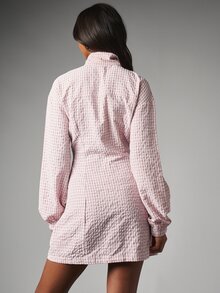 MISSGUIDED 格紋迷你襯衫洋裝 高領長泡泡袖 前隱藏鈕扣 泡泡紋梭織面料 春夏場合日常穿著 - 粉色 - 查看 2
