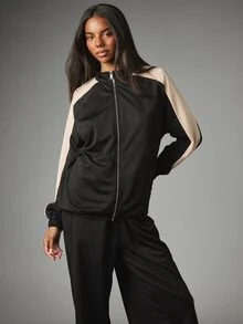 MISSGUIDED Color Block Full-Zip Track Top And Wide-Leg Pants Co-Ord Set With Contrast Beige Side Panels And Elasticated Cuffs - Black - View 5