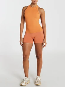 11SKNDS Ribbed Knit High Neck Racerback Sleeveless Tank Top Slim Fit Stretch Summer Essential Cropped Vest With Sweat-Wicking, Breathable, Quick-Dry & Buttery-Soft, For Gym Workout Fitness Yoga Pilates Studio, Running, Training & Hy-Rox - Red Orange - View 3