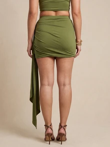 QUIZ Olive Green Ruched Draped Asymmetric Mini Skirt With Side Panel Detail, Y2K Skirt For Women, Party Skirt, Special Occasion Skirt, Festival Outfits Women, Holiday And Vacation Outfits Women, Summer Outfits For Women - Army Green - View 2