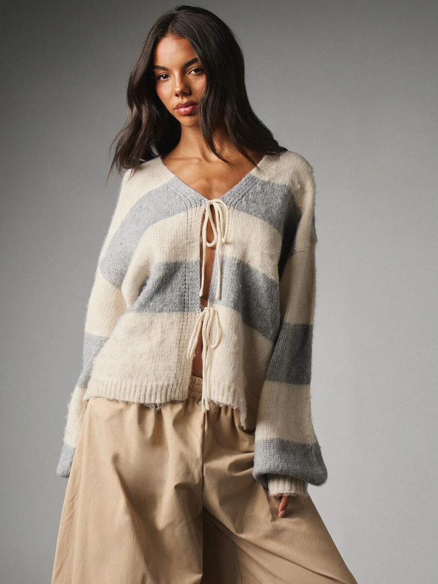 MISSGUIDED Striped Fuzzy Knit Crop Cardigan With V-Neck Tie Front Detail And Balloon Sleeves For Fall Winter Cozy Layering - Grey - View 1