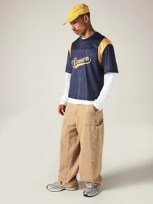 SUMWON Oversized Mesh Football Jersey With Gold Color Block Panels Script Logo Front Number 23 Back Crew Neck Short Sleeve Top,Oversized Jerseys For Men - Royal Blue - View 6