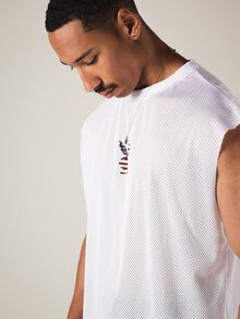 PLAYBOY X SUMWON Bunny American Flag Print Mesh Sleeveless Boxy Crop Vest Top With Crew Neck Summer Festival Style - White - View 4