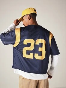SUMWON Oversized Mesh Football Jersey With Gold Color Block Panels Script Logo Front Number 23 Back Crew Neck Short Sleeve Top,Oversized Jerseys For Men - Royal Blue - View 1