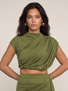 QUIZ Olive Green High Neck Cap Sleeve Draped Contrast Panel Crop Top, Women's Y2K Party Top, Special Occasion Top, Weekend Top, Summer Tops For Women, Summer Outfits For Women, Vacation Outfits Women - Olive Green - View 5