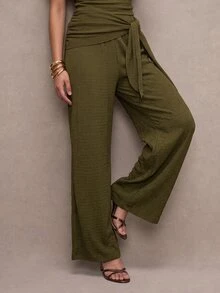 QUIZ Khaki High Waist Wide Leg Trousers With Draped Wrap Panel And Tie Detail, Pants For Women, Elegant Chic Pants, Wear To Work Trousers, Everyday Wear Pants, Summer Outfits For Women, Vacation Outfits Women - Olive Green - View 7