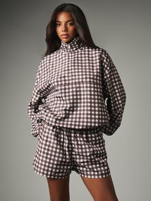 MISSGUIDED 寬鬆半拉鍊格紋套頭夾克，立領設計，彈性下擺，適合秋冬休閒穿著 - 彩色 - 查看 1