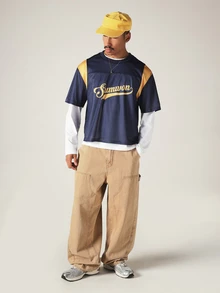 SUMWON Oversized Mesh Football Jersey With Gold Color Block Panels Script Logo Front Number 23 Back Crew Neck Short Sleeve Top,Oversized Jerseys For Men - Royal Blue - View 3