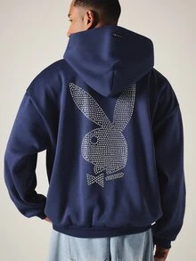 PLAYBOY X SUMWON Bunny 大廓型海軍藍連帽衛衣，背面水鑽星星圖案，正面 Logo 印花，套頭運動衫，節日禮物 - 藍色 - 查看 1