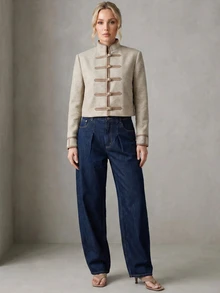 Rouah Women's Stand Collar Military Style Long Sleeve Button Front Jacket - Autumn Jacket, Winter Jacket, Jacket For Summer Nights, Felt Textured Jacket, Military Style Jacket - Apricot - View 3