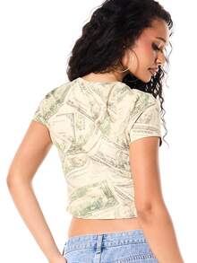 SUMWON WOMEN Rich Girl Dollar Bill Money Print Crew Neck Short Sleeve Crop T-Shirt Summer Party Going Out Night Out Statement Top Beige Y2k Casual - Multicolor - View 2