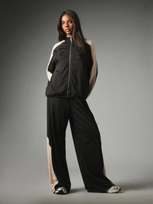MISSGUIDED Color Block Full-Zip Track Top And Wide-Leg Pants Co-Ord Set With Contrast Beige Side Panels And Elasticated Cuffs - Black - View 4