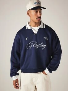 PLAYBOY X SUMWON Club 大廓型深藍色連帽衫，手寫體 Logo 印花 V 領長袖套頭上衣 - 藏蓝色 - 查看 5