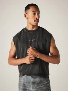 PLAYBOY X SUMWON Acid Washed Sleeveless Muscle Tee With Magazine Cover Back Graphic Print Boxy Crop Fit Summer Festival Top - Black - View 4