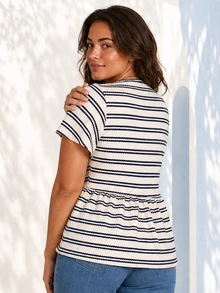 ELLERISSA Plus Size Apricot Navy Stripe V Neck Button Front Peplum T-Shirt - Apricot - View 2