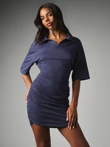 MISSGUIDED Polo Collar Mini Dress With Ruched Skirt Elbow Sleeve Open Collar Bodycon Stretch Knit Fall Party Night Out - Royal Blue - View 4