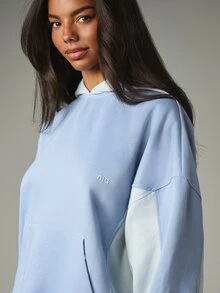 MISSGUIDED 大尺寸拼色連帽衛衣，大帽兜、前口袋、刺繡標誌，舒適套頭運動衫 - 藍色 - 查看 5