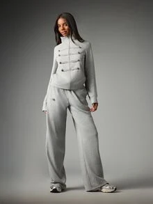 MISSGUIDED 軍裝風全拉鍊運動外套，銀色鈕扣裝飾，高領長袖修身版型 - 灰色 - 查看 2