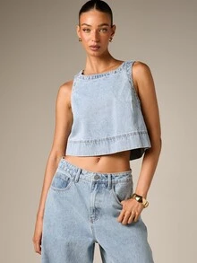 AiiRZ Light Wash Denim Crop Tank Top With Back Button Closure Scoop Neck Boxy Fit Summer Festival Casual Style - Light Wash - View 1