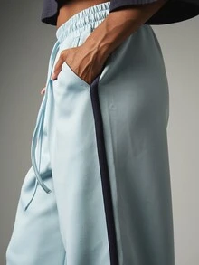 MISSGUIDED 寬腿慢跑褲 海軍藍側條紋細節 抽繩彈性腰 全長休閒闊腿長褲 春夏款 - 藍色 - 查看 5