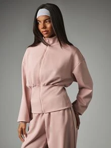 MISSGUIDED 全拉鍊短版運動衫，假領設計，寬鬆長袖，彈性下擺細節，春季休閒外套 - 藕粉色 - 查看 1