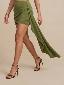 QUIZ Olive Green Ruched Draped Asymmetric Mini Skirt With Side Panel Detail, Y2K Skirt For Women, Party Skirt, Special Occasion Skirt, Festival Outfits Women, Holiday And Vacation Outfits Women, Summer Outfits For Women - Army Green - View 7