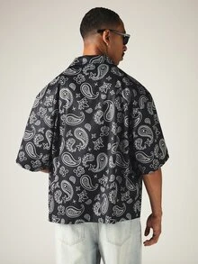 SUMWON Paisley Print Oversized Short Sleeve Button-Up Shirt With Spread Collar And All-Over Pattern Perfect For Summer Casual Outings - Black - View 2
