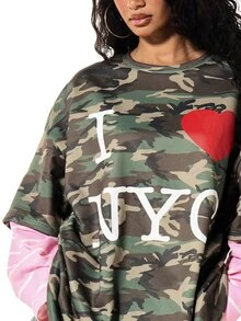 SUMWON WOMEN Oversized Camo Print I Love NYC Graphic T-Shirt Crew Neck Drop Shoulder Longline Tee Fall Street Style - Multicolor - View 4