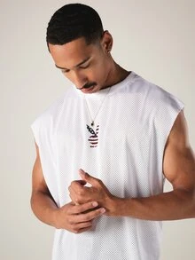 PLAYBOY X SUMWON Bunny American Flag Print Mesh Sleeveless Boxy Crop Vest Top With Crew Neck Summer Festival Style - White - View 6