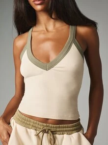 MISSGUIDED Ribbed Knit Crop Tank Top With V-Neck And Contrast Olive Trim Detail Sleeveless Summer Essential - Apricot - View 5