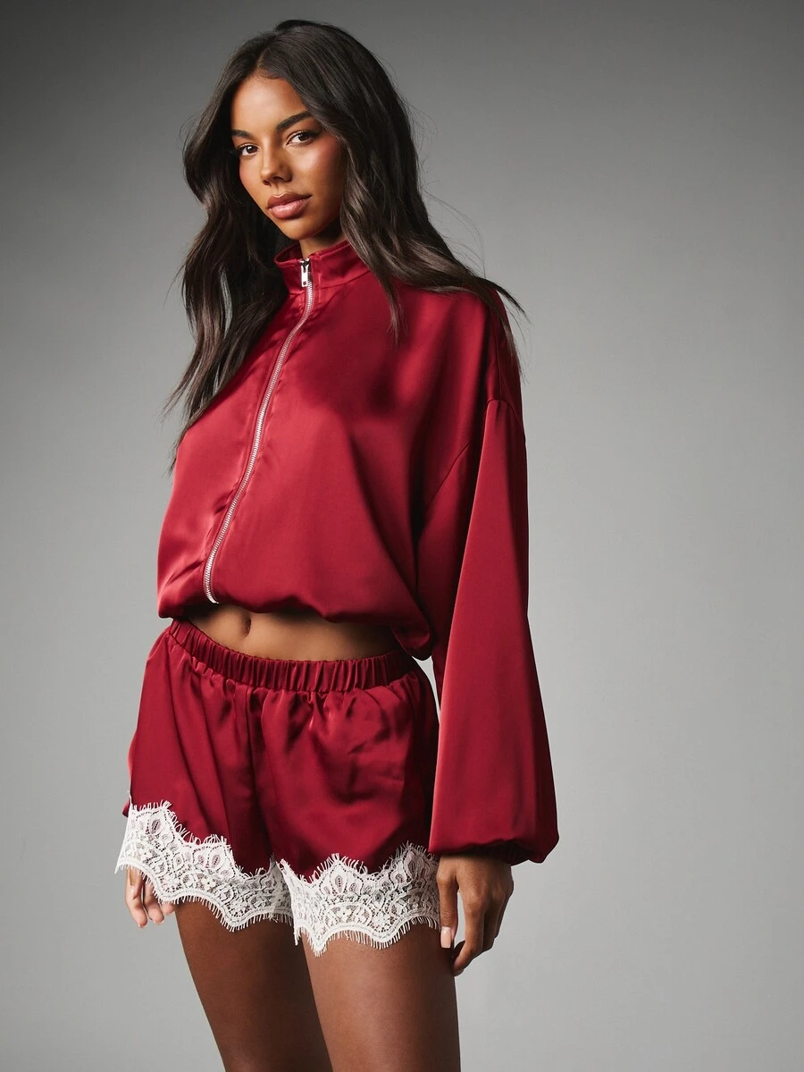 MISSGUIDED Satin Co-Ord Set Cropped Zip Neck Puff Sleeve Jacket And Lace Trim Mini Shorts Two Piece Luxury Loungewear Holiday Party Outfit - Red - View 1