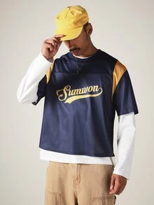SUMWON Oversized Mesh Football Jersey With Gold Color Block Panels Script Logo Front Number 23 Back Crew Neck Short Sleeve Top,Oversized Jerseys For Men - Royal Blue - View 5