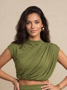 QUIZ Olive Green High Neck Cap Sleeve Draped Contrast Panel Crop Top, Women's Y2K Party Top, Special Occasion Top, Weekend Top, Summer Tops For Women, Summer Outfits For Women, Vacation Outfits Women - Olive Green - View 7
