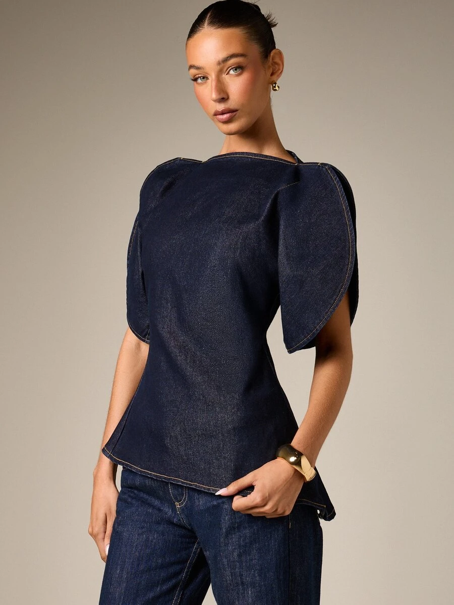 AiiRZ Structured Denim Puff Sleeve Blouse With High Neck Back Zipper And Asymmetric Hem Perfect For Spring Outings And Evening Events - Dark Wash - View 1