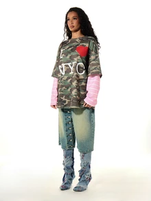 SUMWON WOMEN Oversized Camo Print I Love NYC Graphic T-Shirt Crew Neck Drop Shoulder Longline Tee Fall Street Style - Multicolor - View 5