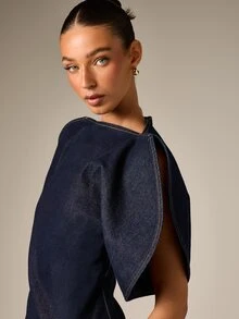 AiiRZ Structured Denim Puff Sleeve Blouse With High Neck Back Zipper And Asymmetric Hem Perfect For Spring Outings And Evening Events - Dark Wash - View 2