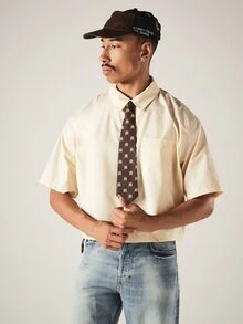 SUMWON Short Sleeve Cropped Button-Up Shirt With Point Collar And Chest Pocket In Smooth Woven Fabric Summer Essential - Khaki - View 4