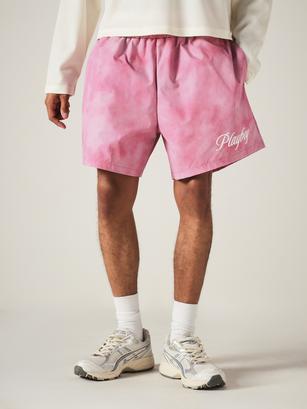 PLAYBOY X SUMWON Tie Dye Shorts With Elasticated Waist Script Logo Print Summer Holiday Casual Relaxed Fit Mid-Length