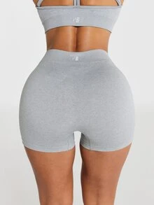 11SKNDS Seamless High Rise Cycling Shorts With Ribbed Waistband Logo Detail Skin Tight Mini Length Activewear Summer Gym Shorts With Sweat-Wicking, Stretchy, Quick-Dry, Tummy Control & Sculpting, For Workout Fitness Yoga Pilates Studio, Running, Training & Hy-Rox - Grey - View 2