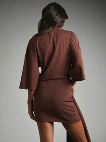 MISSGUIDED Chocolate Brown T-Shirt Mini Dress With Bell Sleeves Cinched Tie Waist Detail Crew Neck Ruched Bodycon Skirt Fall Winter Party - Brown - View 2