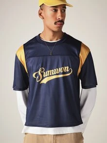 SUMWON Oversized Mesh Football Jersey With Gold Color Block Panels Script Logo Front Number 23 Back Crew Neck Short Sleeve Top,Oversized Jerseys For Men - Royal Blue - View 2