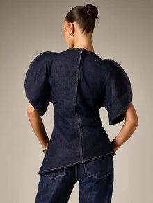 AiiRZ Structured Denim Puff Sleeve Blouse With High Neck Back Zipper And Asymmetric Hem Perfect For Spring Outings And Evening Events - Dark Wash - View 3