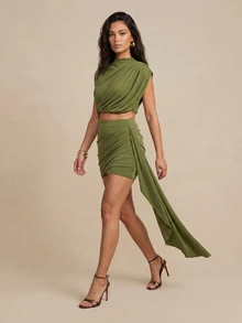 QUIZ Olive Green High Neck Cap Sleeve Draped Contrast Panel Crop Top, Women's Y2K Party Top, Special Occasion Top, Weekend Top, Summer Tops For Women, Summer Outfits For Women, Vacation Outfits Women - Olive Green - View 4