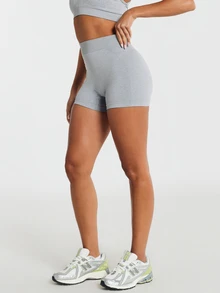 11SKNDS Seamless High Rise Cycling Shorts With Ribbed Waistband Logo Detail Skin Tight Mini Length Activewear Summer Gym Shorts With Sweat-Wicking, Stretchy, Quick-Dry, Tummy Control & Sculpting, For Workout Fitness Yoga Pilates Studio, Running, Training & Hy-Rox - Grey - View 4
