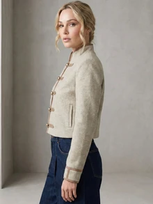 Rouah Women's Stand Collar Military Style Long Sleeve Button Front Jacket - Autumn Jacket, Winter Jacket, Jacket For Summer Nights, Felt Textured Jacket, Military Style Jacket - Apricot - View 6