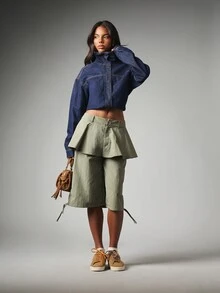 MISSGUIDED Wide Leg Bermuda Shorts With Peplum Ruffle Overlay Side Drawstring Hem Mid Rise Casual Summer Festival Shorts - Olive Green - View 4