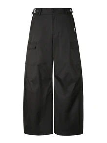 SUMWON Wide Leg Cargo Pants With Side Buckle Straps Flap Pockets And High Waist For Casual Everyday Streetwear Fall Winter - Black - View 3